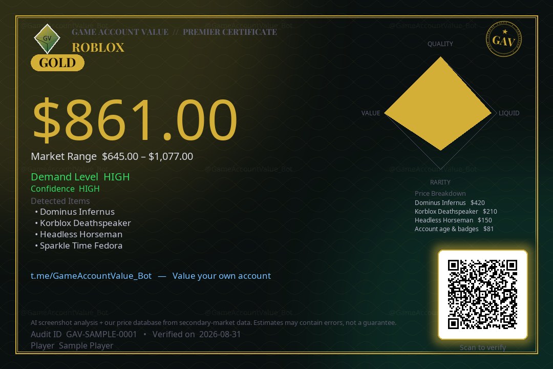 Example GameAccountValue PDF certificate &mdash; Roblox, GOLD tier, $861 estimate